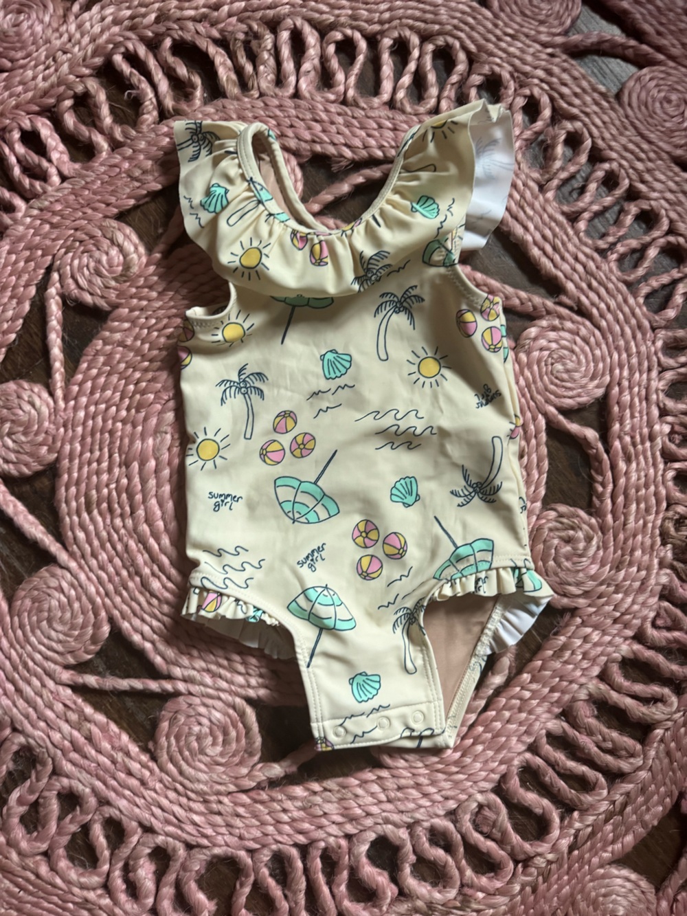 Old Navy Cream Baby One-Piece Swimsuit with Pastel Beach Motifs
